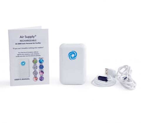 Air Supply® Rechargeable AS-300R Wearable Ionic Air Purifier, White