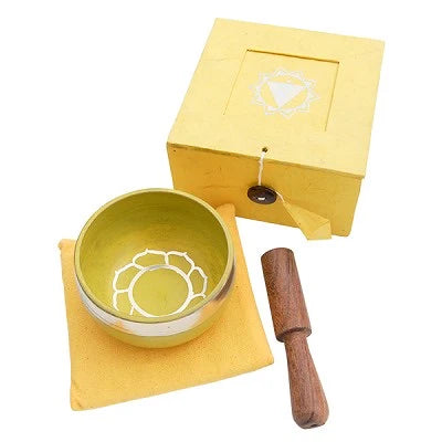 Tibetan Solar Plexus Chakra Singing Bowl Gift Set with Baton in a Gift Box